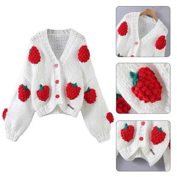 Long Sleeve Handmade Crochet 🍓 Strawberry 🍓 Sweater Knitted Cardigan Harajuku - Picture 3 of 4